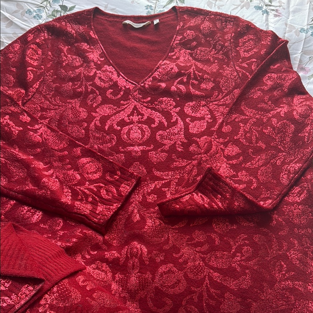 Soft surroundings Women's Red V-Neck Jacquard fleece  Sweater size 3X